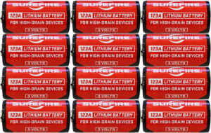 SureFire SF12ABBCS 123A Batteries Red/Black 3.0 Volts 1,550 mAh (12) Single Package Clamshell