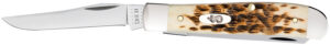 Case 00013 Trapper Mini 2.70"/2.75" Folding Clip Point/Spey Plain Mirror Polished Tru-Sharp SS Blade, Peach Seed Jigged Amber Bone Handle
