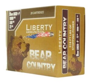 Liberty Bear Country Handgun Ammunition 9mm(+P) 72gr Solid 1850 fps 20/cts