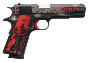 Tisas Arms 10100518AA2 1911 Crusader Full Size Frame 45 ACP 7+1 5" Steel Serrated Slide, Distressed Graphite Cerakote Carbon Steel Frame w/Beavertail, Multi-Color Cerakote Grip