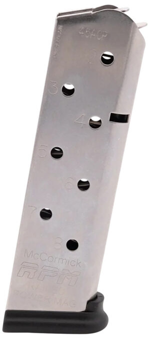 CMC Products 17130 Power Mag Railed 8-Round 45 ACP Fits 1911 Government Stainless Steel w/ Black Base Pad
