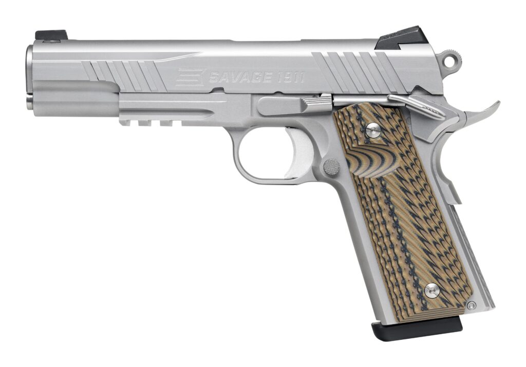 Savage Arms 67209 1911 Government 9mm Luger 10+1 5" Stainless Target Crown Steel Barrel, Serrated Stainless Steel Slide & Frame w/Beavertail & Picatinny Rail, Hyena Brown G10 Grip, Ambidextrous