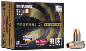 Federal PD380HS1H Premium Personal Defense Low Recoil 380ACP 90gr Hydra-Shok Jacketed Hollow Point 20 Per Box/10 Case