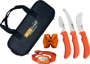 AccuSharp 738C Processing Kit Fixed Butcher/Caping/Gutting Plain Stainless Steel Blades/Blaze Orange Non-Slip Grip 6 Piece Includes Nylon Case