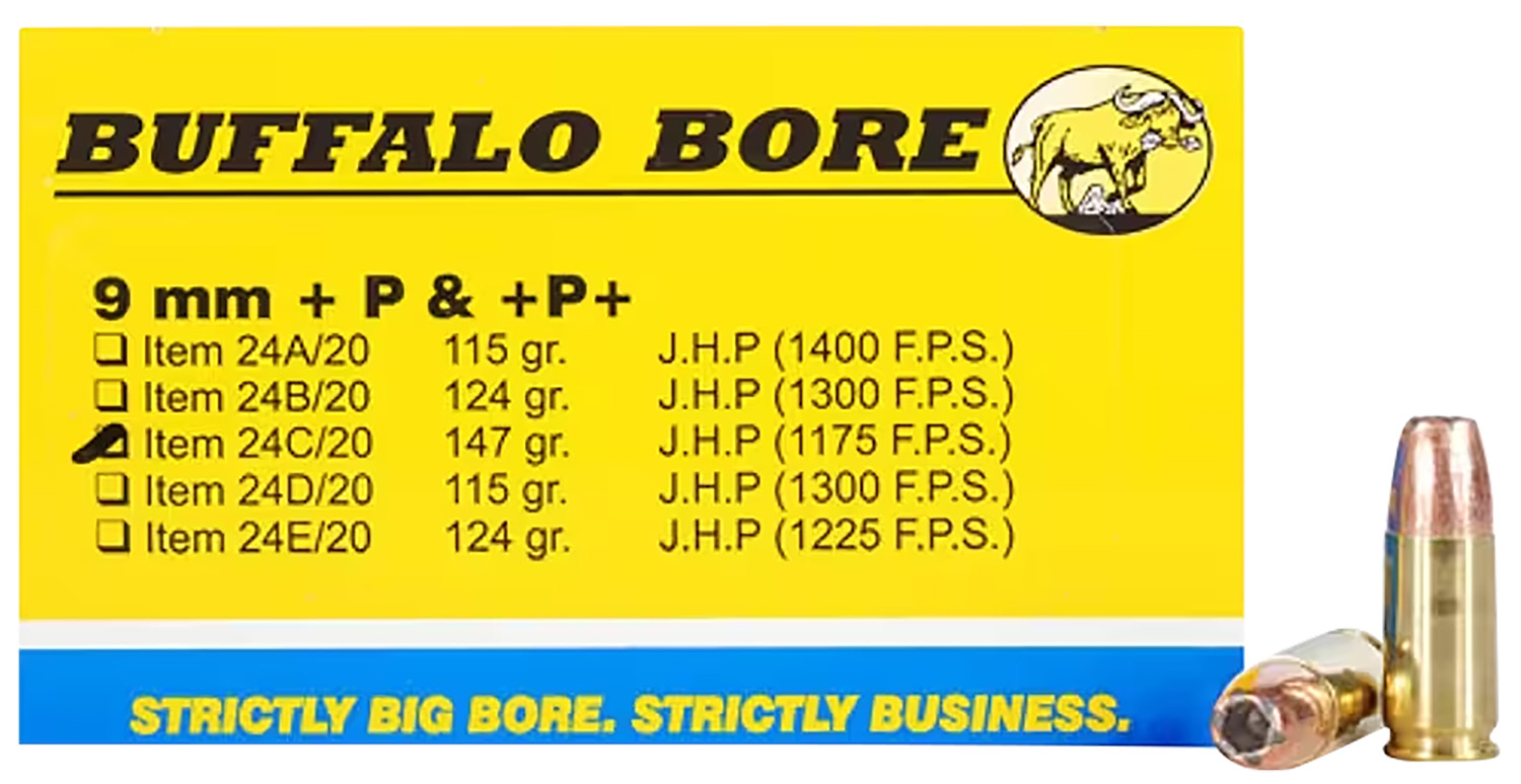 Buffalo Bore Ammunition 24C20 Personal Defense Strictly Business 9mmLuger +P+ 147gr Jacket Hollow Point 20 Per Box/12 Case