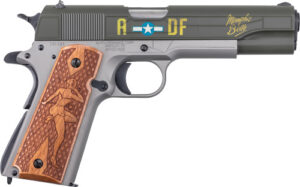 Auto-Ordnance 1911BKOC19 1911 Memphis Belle Full Size Frame 45 ACP 7+1 5" Stainless Steel Barrel, OD Green Cerakote Serrated Slide, Gray Cerakote Steel Frame w/Beavertail, Custom Engraved Wood Grip