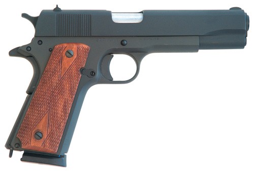 Cimarron 1911 1911 .45 ACP 8+1, 5.03" Black Steel Barrel, Black Parkerized Serrated Slide & Frame, Checkered Walnut Grips