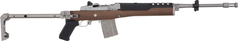 Ruger 5895 Mini-14 223 Rem/5.56 NATO 20+1 18.50" Matte Stainless Threaded Barrel, Matte Stainless Picatinny Rail Receiver, Walnut/Stainless Wood Side Folding Side Folding Stock, Black Polymer Grip