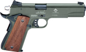 GSG GSG2210M1911G 1911 22 LR 10+1 5" Threaded Barrel, OD Green Serrated Slide, OD Green Zinc Alloy w/Beavertail Frame, Double Diamond Walnut Grip