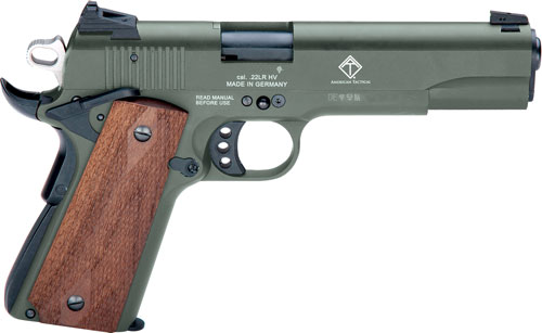 GSG GSG2210M1911G 1911 22 LR 10+1 5" Threaded Barrel, OD Green Serrated Slide, OD Green Zinc Alloy w/Beavertail Frame, Double Diamond Walnut Grip