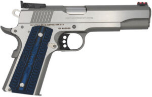 Colt Mfg O5073GCL Gold Cup Lite 38 Super 8+1 5" Stainless National Match Barrel, Stainless Steel Serrated Slide, Stainless Steel Frame w/Beavertail, Blue Scalloped G10 Grip, Ambidextrous