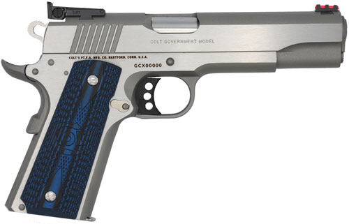 Colt Mfg O5073GCL Gold Cup Lite 38 Super 8+1 5" Stainless National Match Barrel, Stainless Steel Serrated Slide, Stainless Steel Frame w/Beavertail, Blue Scalloped G10 Grip, Ambidextrous