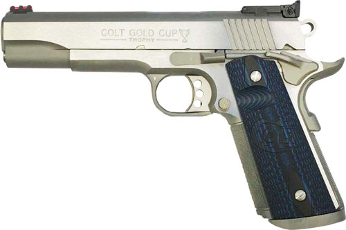 Colt Mfg O5073XE Gold Cup Trophy 38 Super 9+1 5" Stainless National Match Barrel, Stainless Steel Serrated Slide & Frame w/Beavertail, Blue Scalloped G10 Grip, Ambidextrous