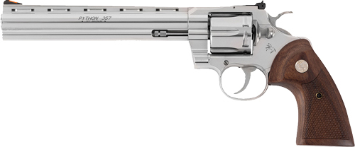 Colt Mfg PYTHONSP8WTS Python 357 Mag/38 Special 6 Shot 8" Polished Stainless Steel Vent Rib Barrel, Cylinder & Frame, Walnut w/Medallion Grip, Exposed Hammer