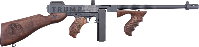 Thompson T1-14-50DC2 1927A-1 Deluxe 45 ACP 16.50" 20+1 (Stick), 50+1 (Drum), Trump Save America Engraved, Sniper Gray/Black Finish, American Walnut Furniture, Compensator - Image 2