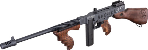 Thompson T1-14-50DC2 1927A-1 Deluxe 45 ACP 16.50" 20+1 (Stick), 50+1 (Drum), Trump Save America Engraved, Sniper Gray/Black Finish, American Walnut Furniture, Compensator