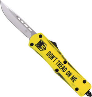 CobraTec Knives MDTOMFS3DNS FS-3 Don't Tread On Me Medium 3" OTF Drop Point Plain D2 Steel Blade Yellow w/"Don't Tread On Me" Aluminum Cerakoted Handle Features Glass Breaker Includes Pocket Clip