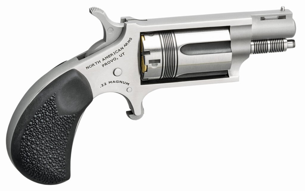 North American Arms 22MSTW Wasp Snub Nose 22 WMR 5 Shot 1.13" Stainless Steel Vent Rib Barrel, Stainless Steel Frame & Cylinder, Black Pebbled Rubber Grip, Exposed Hammer