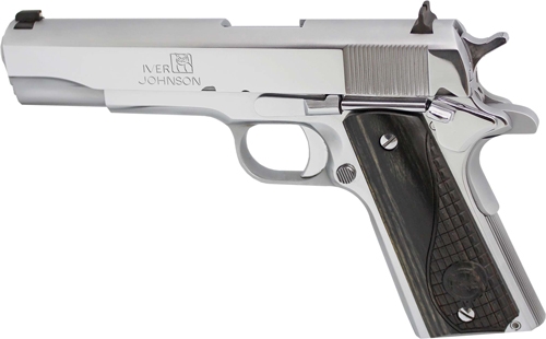 Iver Johnson Arms 1911A138CHRW 1911 A1 Government 70 Series 38 Super 9+1 5" Bright Polish Chrome Serrated Steel Slide & Frame w/Beavertail, Black Dual Textured Diamondwood Grip, Right Hand