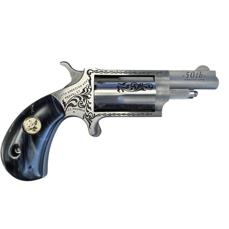 North American Arms 22M50B 50th Anniversary 22 Mag 5 Shot 1.63" Matte Stainless w/"50th Anniversary" & Scroll Engraving, Black Pearl Grip, Exposed Hammer