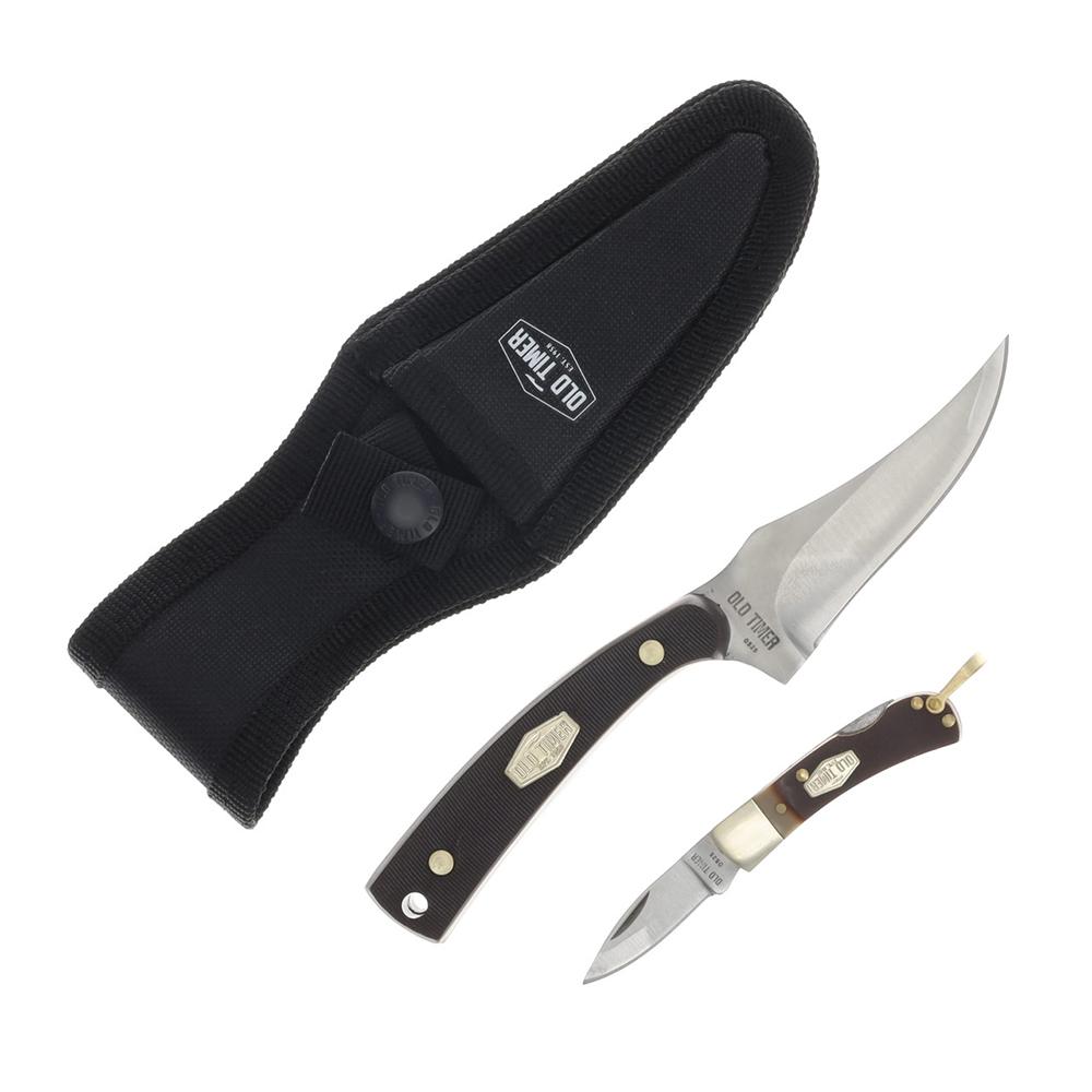 Old Timer 1227067 Sharpfinger 1.60"/3.25" Folding/Fixed Plain Satin Stainless Steel Blade 2.20"/3.75" Brown w/Brass Sawcut Handle