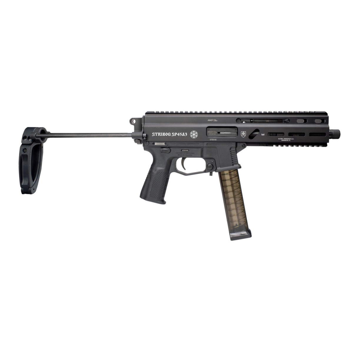 Grand Power 197892004831 SP45A3 Stribog 45 ACP 20+1 8" Black Threaded Barrel, Black Aluminum Picatinny Rail Receiver, Black PDW Tailhook Brace, Black Polymer Grip, Thread Protector